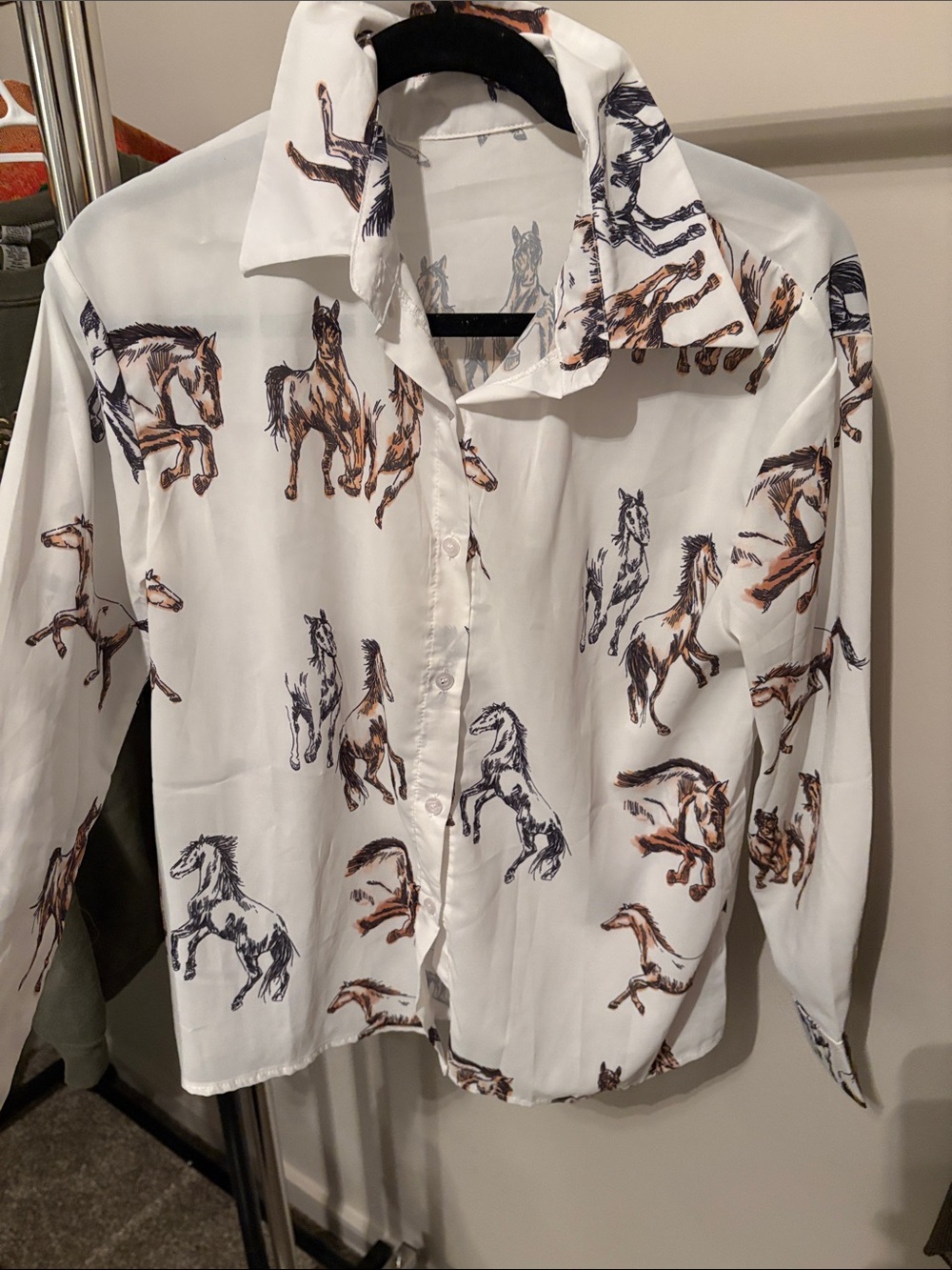White Horse-Print Button-Down Shirt small